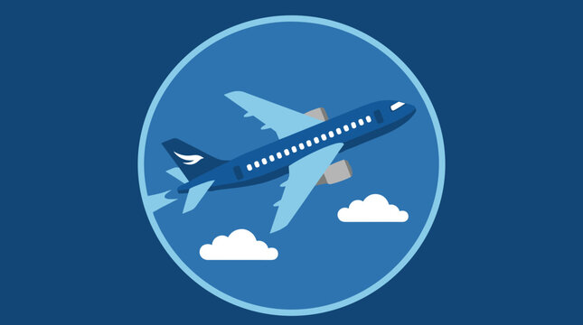 Blue Commercial Airplane Flying Through Clouds Inside Circular Frame Illustration for Travel Concepts