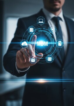 Businessman Interacting with MDM Master Data Management Digital Interface for Corporate Information Security and Efficiency