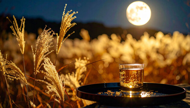 中秋の名月とススキの夜景にお盆にのった飲み物のグラス　満月が輝く秋の夜空と金色に照らされる植物の美しい風景　日本の伝統行事お月見をイメージした風情ある和風の背景素材　コピースペースのある夜の屋外イベント用チラシやウェブサイトの装飾画像
