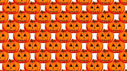 Fototapeta premium Seamless halloween pattern of orange carved jack-o-lantern pumpkins with scary face expressions repeat background for wrapping paper wallpaper textile design.