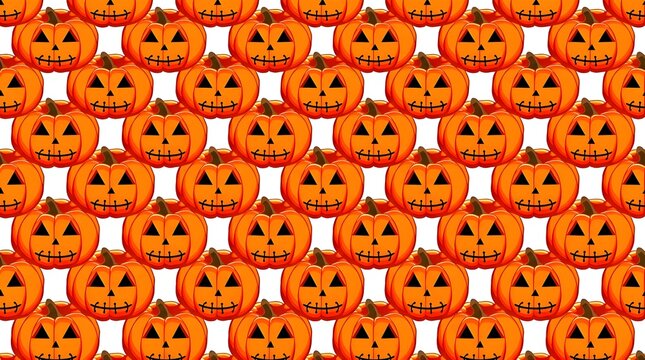 Seamless halloween pattern of orange carved jack-o-lantern pumpkins with scary face expressions repeat background for wrapping paper wallpaper textile design.