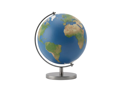3D terrestrial globe model showing world map continents on stand isolated on transparent background