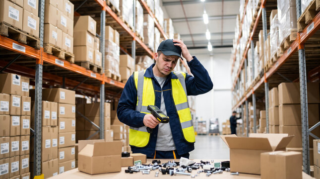 Confused warehouse worker holding barcode scanner during order picking