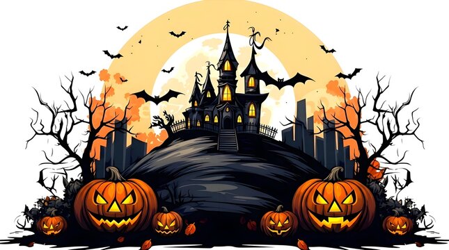 Spooky haunted house castle on a hill with glowing windows, full moon, flying bats, bare trees, and carved pumpkins isolated on a white background for Halloween design.