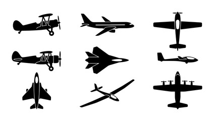 Diverse Aircraft Silhouettes: Vintage Biplanes, Modern Jets, Gliders, and Bombers © Sreya