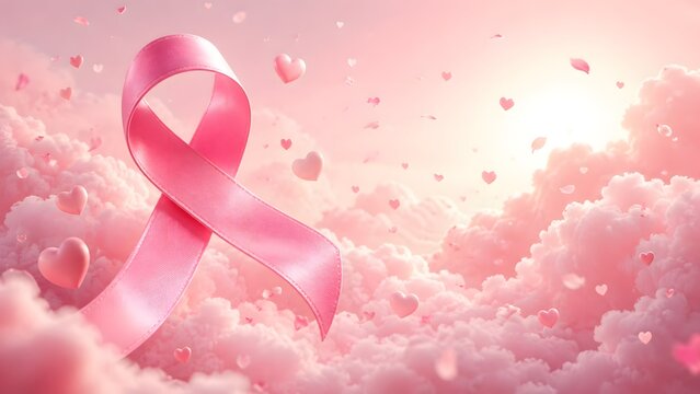 A beautiful pink ribbon symbol floating above soft clouds representing support and hope for global breast cancer awareness month