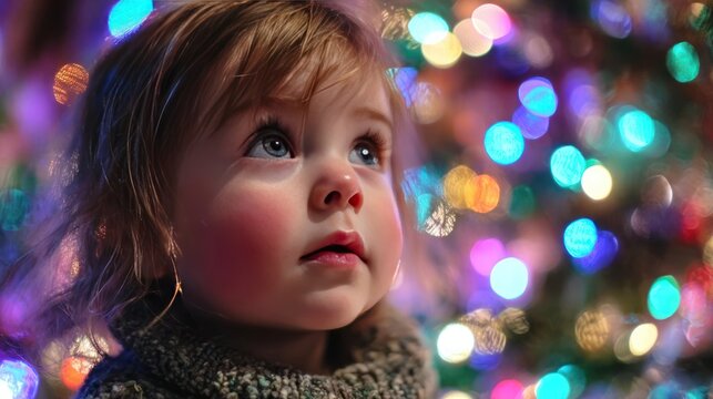 A child's wonder-filled face as they look at the Christmas tree lights for the first time