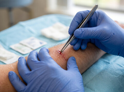 Surgical Tweezers Extracting Object From Arm Wound In Emergency Medical Clinic