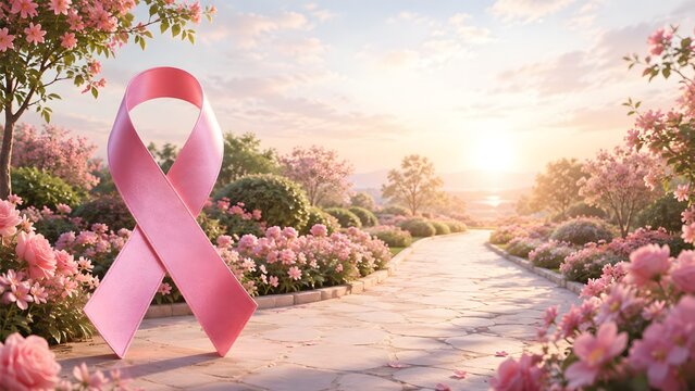 A beautiful pink ribbon standing in a serene flower garden representing hope and support for breast cancer awareness month