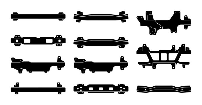 Automotive Chassis Frames, Vehicle Subframes, Car Structural Components, Black Vector Set