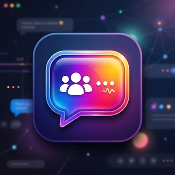 Modern glossy group chat icon featuring neon colors and social communication symbols for mobile app interface