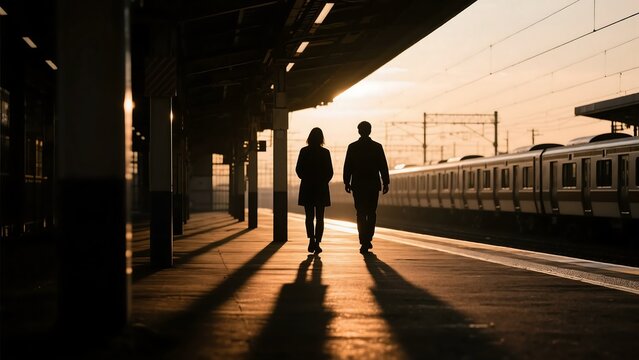 夕暮れ時の静かな駅のホームで並んで歩く男女のシルエットと線路沿いに停車する電車