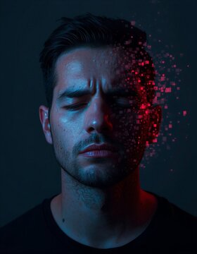 Human Face Dissolving into Digital Pixels Representing Technology Stress