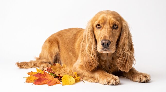 golden spaniel dog lying down on the ground with colorful autumn leaves