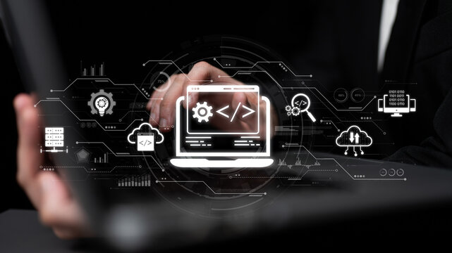 Modern web development concept featuring coding symbols, web development process, web development interface, and web development tools with futuristic design. Spline