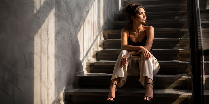 Thoughtful Young Woman Sitting on Concrete Indoor Stairs