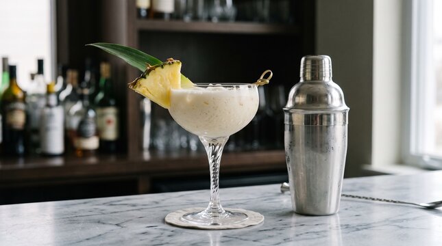 Pina colada cocktail rests on a marble countertop with bar tools