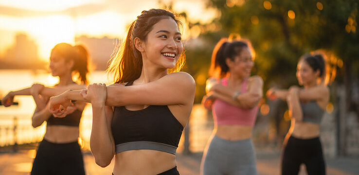 Happy Young Women Stretching Outdoors During Sunset Workout