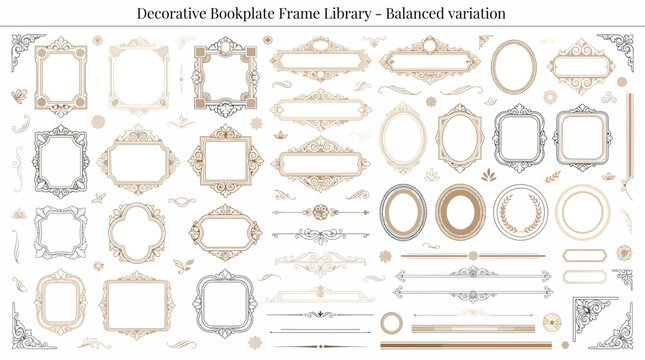 Set of decorative bookplate frames, vintage labels, and calligraphic borders