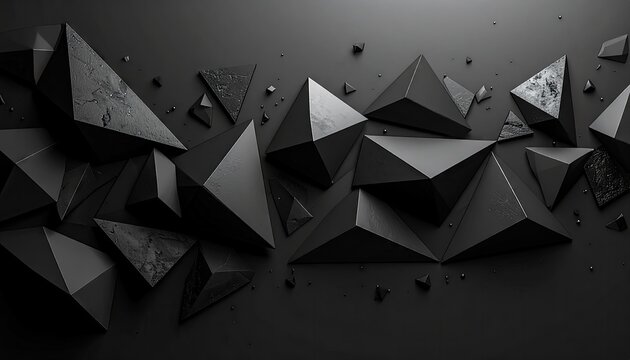 3D black geometric pyramids on dark surface.
