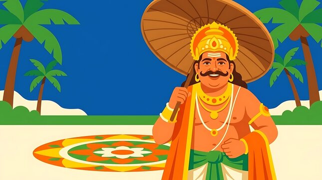 King Mahabali holding traditional umbrella with colorful pookalam floral pattern on the ground during vibrant Onam festival celebration in India