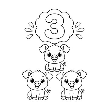 Three cute cartoon pigs celebrating with number three confetti for milestones and achievements