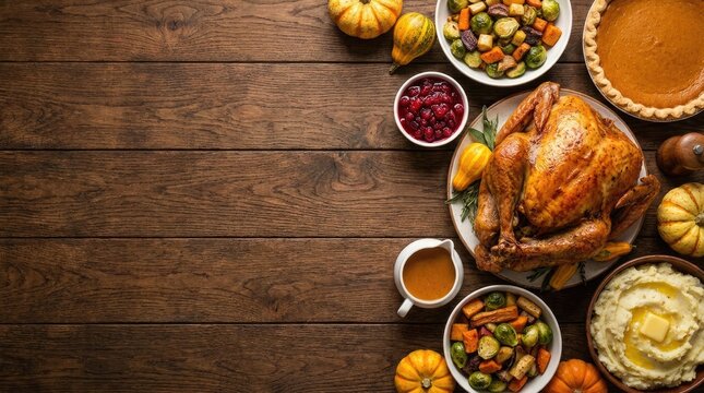 A festive thanksgiving dinner table featuring a roasted turkey with traditional side dishes on a rustic wooden background surface