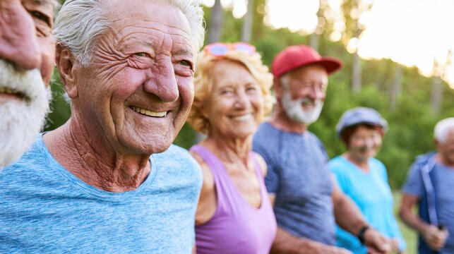 Diverse group of smiling seniors enjoying time together outdoors in sunlight