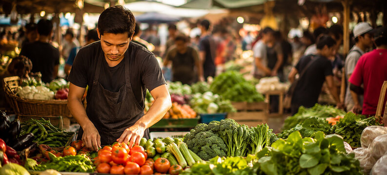 Local Vendor Sorting Fresh Vegetables at Traditional Market