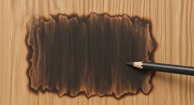 A black pencil a dark rectangular shape on a light wooden surface creating a burnt or charred texture effect with rough edges