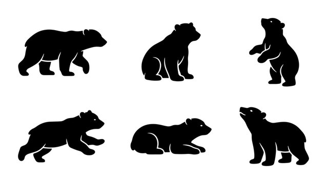 Bear Silhouettes Vector Set, Wildlife Animal Poses, Cute Cub Graphics, Forest Creature Icons