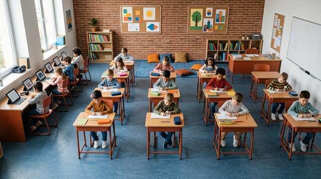 An overhead high-angle shot of a bright, modern elementary school classroom with students seated at individual wooden desks working on various academic tasks during the day.