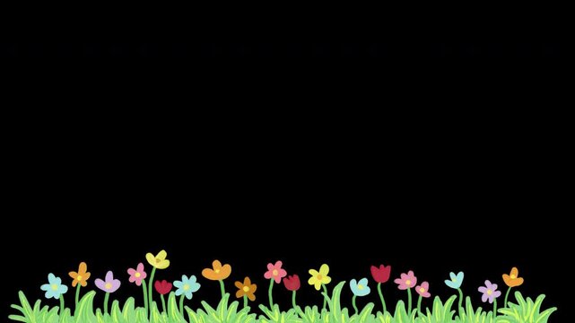 Cute hand drawn watercolor crayon grass and colorful pastel flowers garden kids illustration sway moving transparent overlay alpha video