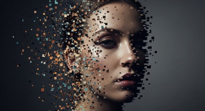 A close up portrait of a young woman with her face dissolving into small digital square pixels on a dark grey background, conceptual
