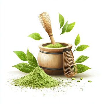 Matcha powder air isolated on white background,superfood powder,diet and healthy life,green tea powder,Japanese tea leaves,popular menu trendy, wellness concept.