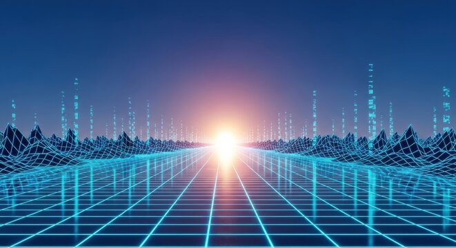 A digital landscape featuring a glowing blue grid floor and wireframe mountains under a dark sky with vertical data stream lines and a bright light