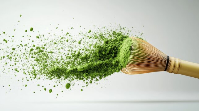 Matcha powder air isolated on white background,superfood powder,diet and healthy life,green tea powder,Japanese tea leaves,popular menu trendy, wellness concept.