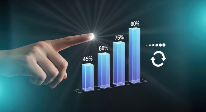 A human hand pointing at a digital 3d bar chart showing increasing growth percentages of 45, 60, 75, and 90 percent on a dark blue background