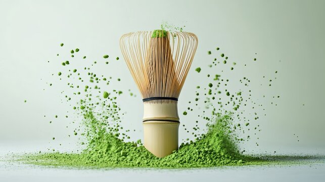 Matcha powder air isolated on white background,superfood powder,diet and healthy life,green tea powder,Japanese tea leaves,popular menu trendy, wellness concept.
