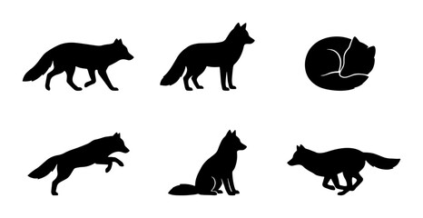 Fototapeta premium Fox Silhouettes Set, Wild Animal Vector Icons, Woodland Creature Graphics, Nature Wildlife Collection