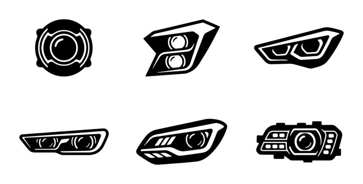 Modern Car Headlight Icons, Automotive Lighting Vector Set, Futuristic Vehicle Lamps Collection