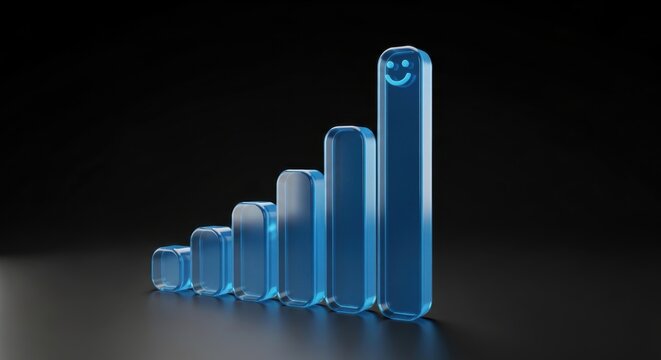 A series of blue glass bar charts standing on a dark surface, with the tallest bar featuring a small white smiling face at the