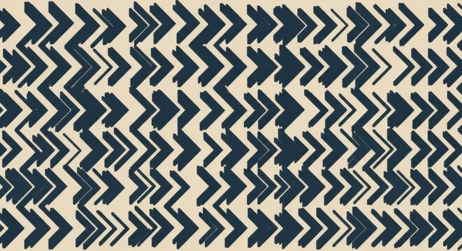 A seamless repeating pattern featuring dark navy blue chevron arrows arranged in vertical columns on a light beige background, for textile prints