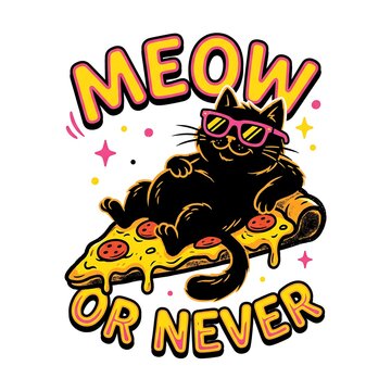 Retro black cat wearing sunglasses on a pizza slice, funny meow or never cat pun illustration, vintage cartoon t-shirt design