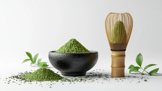 Matcha powder air isolated on white background,superfood powder,diet and healthy life,green tea powder,Japanese tea leaves,popular menu trendy, wellness concept.
