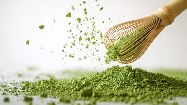 Matcha powder air isolated on white background,superfood powder,diet and healthy life,green tea powder,Japanese tea leaves,popular menu trendy, wellness concept.