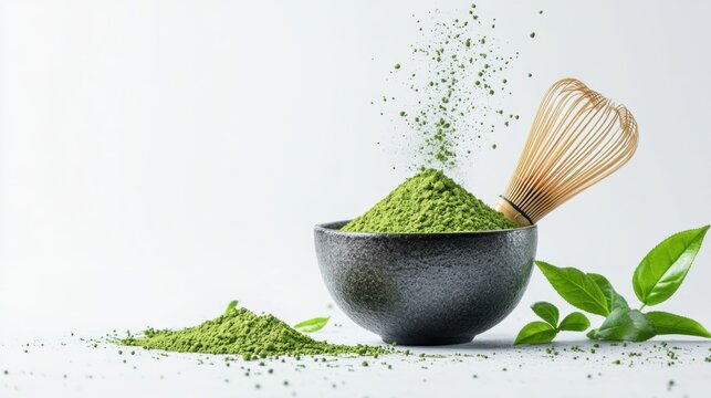 Matcha powder air isolated on white background,superfood powder,diet and healthy life,green tea powder,Japanese tea leaves,popular menu trendy, wellness concept.