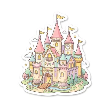 Fairytale Castle Illustration: A whimsical, pastel-colored castle with tall spires, flags, and a charming drawbridge stands majestically, surrounded by fluffy clouds and stylized trees.
