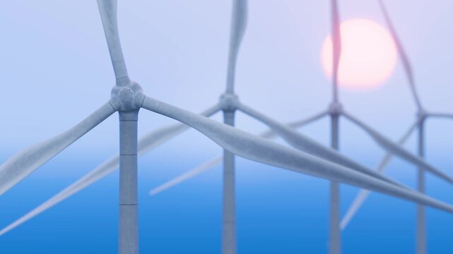 Wind turbine blades slowly spin. Renewable energy sources. Green energy. Cost effectiveness of alternative energy sources. Wind turbine safety.