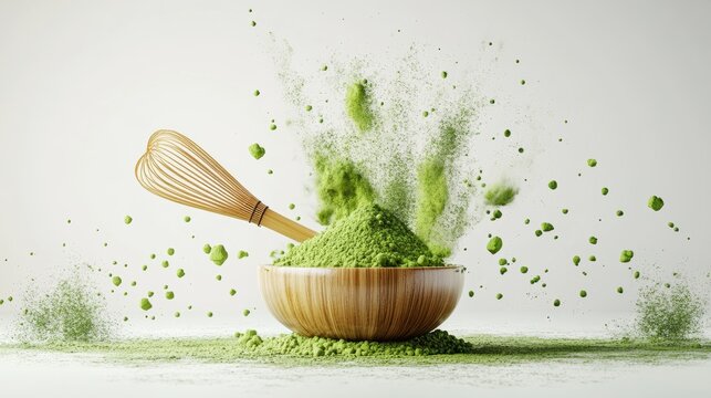 Matcha powder air isolated on white background,superfood powder,diet and healthy life,green tea powder,Japanese tea leaves,popular menu trendy, wellness concept.